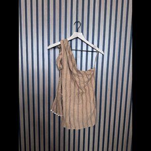 Zara Dress Small Womens Brown 100% Woven Cotton One Shoulder Stripe Mini Beads